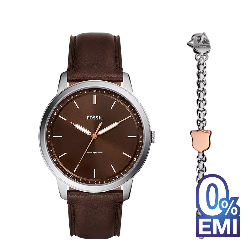 Fossil Minimalist Brown Leather Watch and Bracelet Box Set For Men